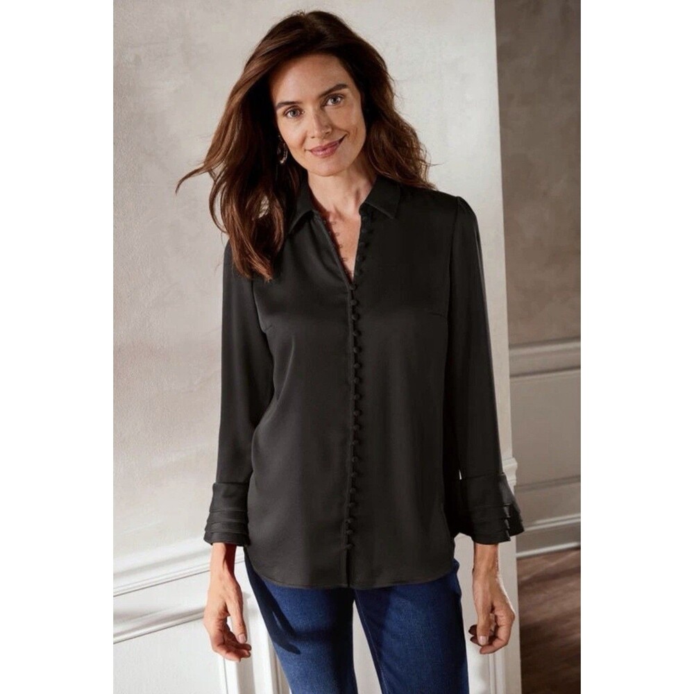 SOFT SURROUNDINGS Women's Plus Size 1X Black Button Up Classic Blouse Shirt